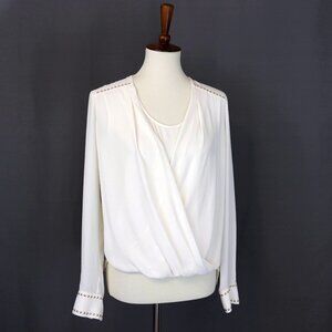 * Cache XS Front Tuck White Blouse Gold Stud Accent
